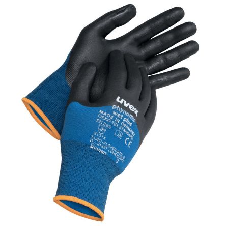 uvex phynomic wet plus Blue Elastane, Polyamide Oil Grip, Oil Repellent Work Gloves, Size 9, Aqua-Polymer Foam Coating [6006109]; 288-123