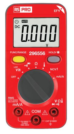 RS PRO Digital, LCD Digital Multimeter, True RMS, 1A ac Max, 1A dc Max, 600V ac Max [0]; 296-556