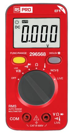 RS PRO Digital, LCD Digital Multimeter, True RMS, 1A ac Max, 1A dc Max, 600V ac Max [0]; 296-568