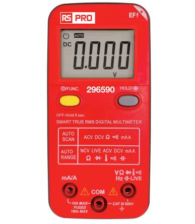 RS PRO Digital, LCD Digital Multimeter, True RMS, 10A ac Max, 10A dc Max, 600V ac Max [0]; 296-590