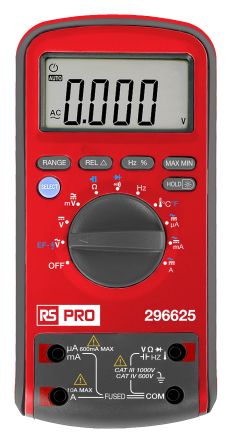 RS PRO Digital, LCD Digital Multimeter, True RMS, 10A ac Max, 1A dc Max, 600V ac Max [0]; 296-625
