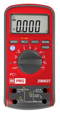RS PRO Digital, LCD Digital Multimeter, True RMS, 10A ac Max, 1A dc Max, 1000V ac Max [0]; 296-637