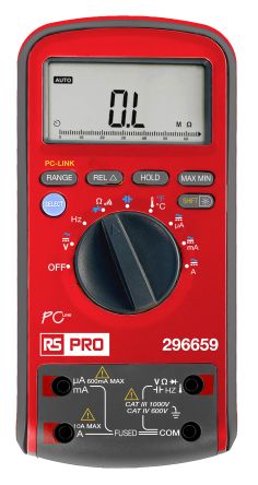 RS PRO Digital, LCD Digital Multimeter, True RMS, 10A ac Max, 1A dc Max, 1000V ac Max [0]; 296-659
