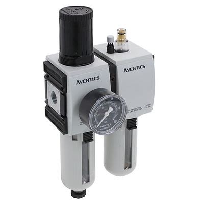 EMERSON ? AVENTICS G 3/8 Filter Regulator Lubricator, Semi Automatic Drain, 5μm Filtration Size - With Pressure Gauge [R412007298]; 299-122
