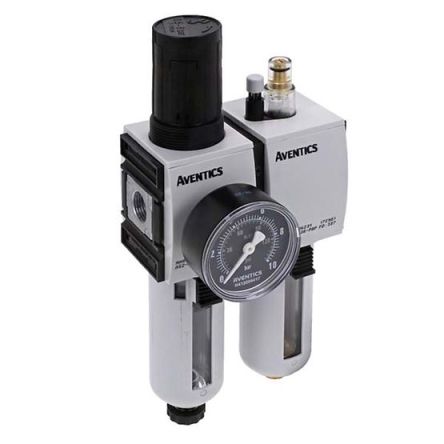 EMERSON ? AVENTICS G 3/8 Filter Regulator Lubricator, Semi Automatic Drain, 5μm Filtration Size - With Pressure Gauge [R412006307]; 299-328