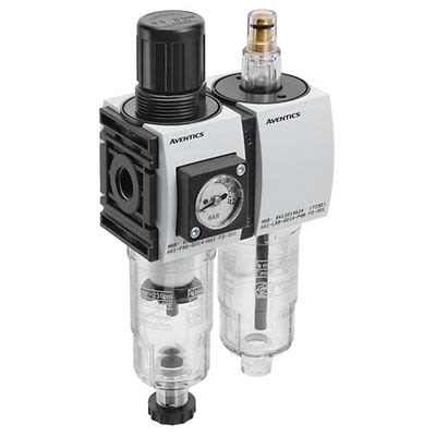 EMERSON ? AVENTICS G 1/4 Filter Regulator Lubricator, Semi Automatic Drain, 5μm Filtration Size - With Pressure Gauge [R412014672]; 299-469