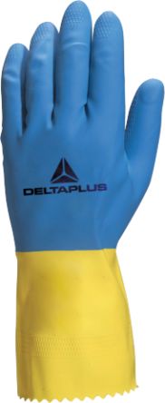 Delta Plus DUOCOLOR VE330 Blue, Yellow Chemical Resistant Work Gloves, Size 7/8, Latex Coating [VE330BJ07]; 302-004
