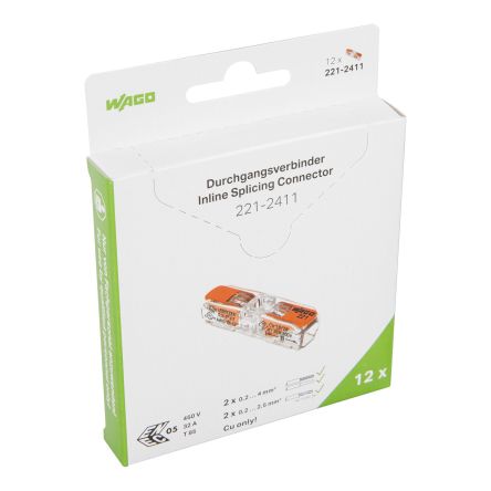 WAGO, 221 Wire Splice Splice Connector, Clear Insulation 4 mm² [221-2411/995-012]; 303-280