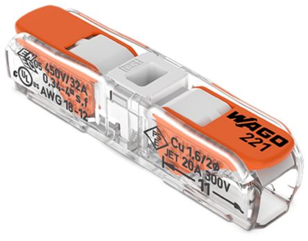 WAGO, 221 Wire Splice Splice Connector, Clear Insulation 4 mm² [221-2401]; 303-327