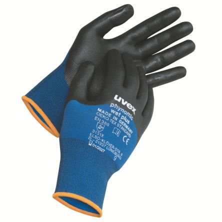 uvex phynomic wet plus Black, Blue Elastane, Polyamide Damp Environment Work Gloves, Size 8, Aqua-Polymer Foam Coating [6006108]; 314-058