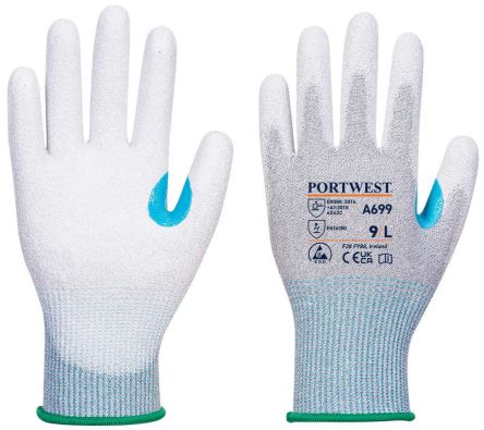 Portwest Hand Protection Grey, White Carbon Fibre, Elastane, Polyester, Steel Fibre Cut Resistant Work Gloves, Size S, [A699G6RS]; 314-578