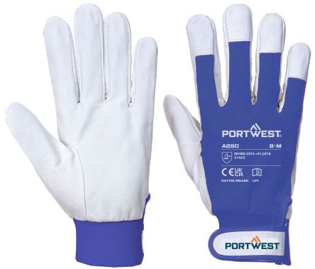 Portwest Hand Protection Blue Leather, Polycotton Rigger Work Gloves, Size M [A250BLUM]; 314-673