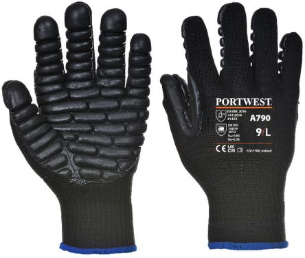 Portwest Hand Protection Black Elastic, Polyester, Rubber Chloroprene Anti-Vibration Work Gloves, Size M [A790BKRM]; 314-684
