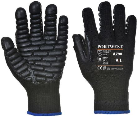 Portwest Hand Protection Black Elastic, Polyester, Rubber Chloroprene Anti-Vibration Work Gloves, Size XXL [A790BKRXXL]; 314-685