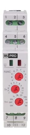 RS PRO DIN Rail Mount Timer Relay, 195 → 253V, 2-Contact, 0.1 s → 576h, 10-Function, 2NO/1NC [0]; 323-891