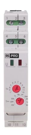 RS PRO DIN Rail Mount Timer Relay, 195 → 253V ac, 1-Contact, 0.1 s → 576h, 1-Function, 2NO/1NC [0]; 323-896