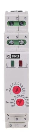 RS PRO DIN Rail Mount Timer Relay, 195 → 253V ac, 1-Contact, 0.1 s → 576h, 1-Function, 2NO/1NC [0]; 323-897
