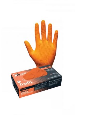 Traffi TD07 Orange Powder-Free Nitrile Disposable Gloves, Size L, 50Pair per Pack [A-TD07-OR-L]; 328-735