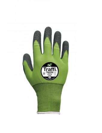 Traffi TG6250 Green Yarn Cut Resistant, Dry Environment, Good Dexterity Work Gloves, Size 9, Latex Coating [A-TG6250-GR-9]; 328-758