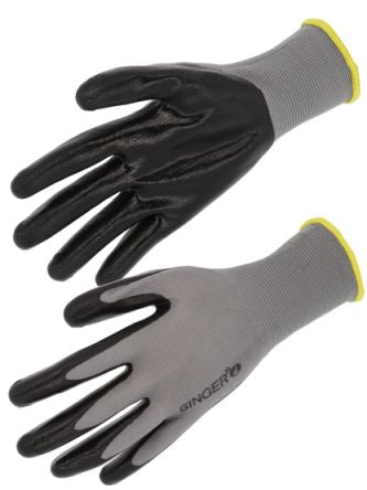 SINGER SAFETY PER13NIB Black, Grey Polyester (Liner) Oil Resistant Work Gloves, Size 10, Nitrile Coating [PER13NIB10]; 328-993