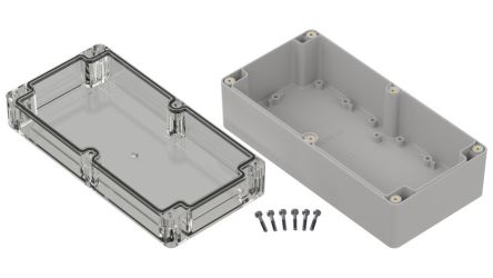 RS PRO Light Grey Polycarbonate General Purpose Enclosure, IP68, Transparent Lid, 200 x 100 x 75mm [0]; 336-861