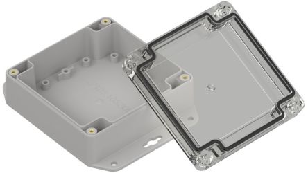 RS PRO Light Grey Polycarbonate General Purpose Enclosure, IP67, Flanged, Transparent Lid, 105 x 105 x 45mm [0]; 336-961