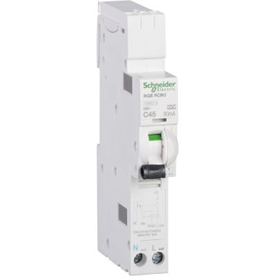 Schneider Electric RCBO, 45A Current Rating, 1P+N Poles, 30mA Trip Sensitivity, Type C, Acti9 Range [SEE145C03]; 339-790