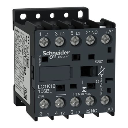 Schneider Electric TeSys TeSyS K Contactor, 24 V Coil, 3-Pole, 12 A, 3 kW, 3NO, 24 V [LC1K12106BLS207]; 341-290