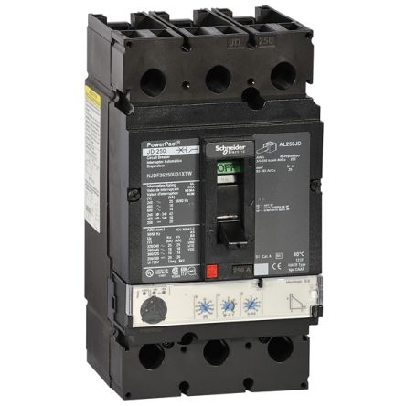 Schneider Electric, PowerPact MCCB 3P 250A, Breaking Capacity 25 kA, DIN Rail Mount [NJJF36250U31XTW]; 341-444
