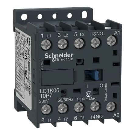 Schneider Electric TeSys TeSyS K Contactor, 120 V Coil, 3-Pole, 6 A, 1.5 kW, 3NO, 120 V [LC1K0610G7]; 341-458