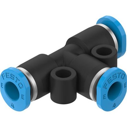 Festo NPQE-T Series Tee Tube-to-Tube Adaptor, Push In 4 mm to Push In 4 mm, Push-in Connection Style, [NPQE-T-Q4-E-F1A-P10]; 342-592