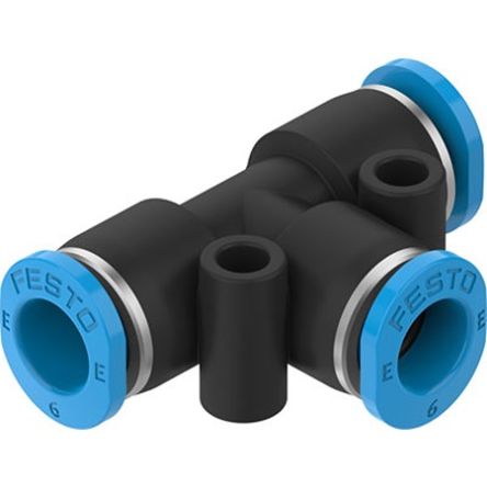 Festo NPQE-T Series Tee Tube-to-Tube Adaptor, Push In 6 mm to Push In 6 mm, Push-in Connection Style, [NPQE-T-Q6-E-F1A-P10]; 343-080