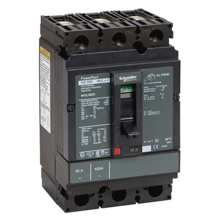 Schneider Electric, PowerPact MCCB 3P 50A, Breaking Capacity 18 kA, DIN Rail Mount [NHGL36050]; 345-084