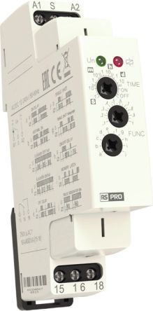 RS PRO DIN Rail Mount Timer Relay, 12 → 240V ac/dc, 1-Contact, 0.1 s → 10days, 10-Function, SPDT [0]; 360-676