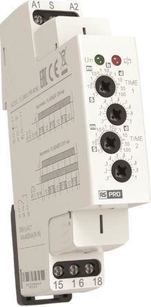 RS PRO DIN Rail Mount Timer Relay, 12 → 240V ac/dc, 1-Contact, 0.1 s → 100days, 2-Function, SPDT [0]; 360-678