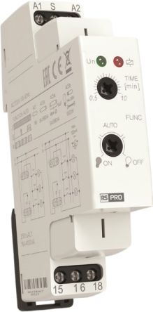 RS PRO DIN Rail Mount Timer Relay, 230V ac, 1-Contact, 0.5 → 10min, 3-Function, CO [0]; 360-679