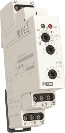 RS PRO DIN Rail Mount Timer Relay, 12 → 240V ac/dc, 2-Contact, 0.1 s → 100days, SPDT [0]; 360-685