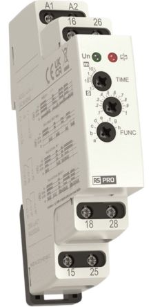 RS PRO DIN Rail Mount Timer Relay, 12 → 240V ac/dc, 2-Contact, 0.1 s → 10min, 2CO [0]; 360-687