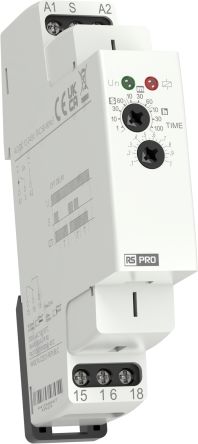 RS PRO DIN Rail Mount Timer Relay, 12 → 240V ac/dc, 1-Contact, 0.1 s → 100h, 1-Function, SPDT [0]; 360-688