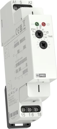 RS PRO DIN Rail Mount Timer Relay, 12 → 240V ac/dc, 1-Contact, 0.1 s → 100h, 1-Function, SPDT [0]; 360-689