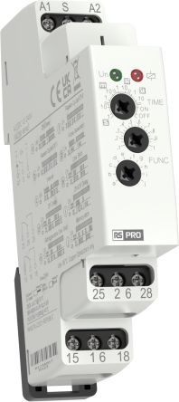 RS PRO DIN Rail Mount Timer Relay, 12 → 240V ac/dc, 1-Contact, 0.1 s → 10days, 10-Function, SPDT [0]; 360-690