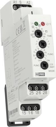 RS PRO DIN Rail Mount Timer Relay, 12 → 240V ac/dc, 2-Contact, 50 m/s → 30days, 10-Function, SPDT [0]; 360-691
