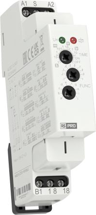 RS PRO DIN Rail Mount Timer Relay, 12 → 240V ac/dc, 1-Contact, 0.1 s → 10days, 10-Function, Static [0]; 360-697
