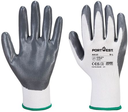 Portwest Hand Protection Grey, White Elastane, Polyester Abrasion Resistant Work Gloves, Size S, Nitrile Foam Coating [A310GRWS]; 361-259