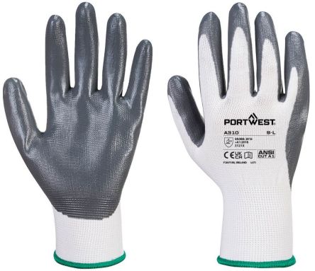 Portwest Hand Protection Grey, White Elastane, Polyester Abrasion Resistant Work Gloves, Size M, Nitrile Foam Coating [A310GRWM]; 361-261