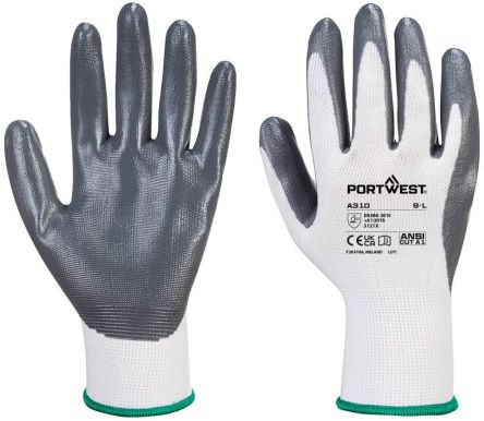 Portwest Hand Protection Grey, White Elastane, Polyester Abrasion Resistant Work Gloves, Size XXL, Nitrile Foam Coating [A310GRWXXL]; 361-265