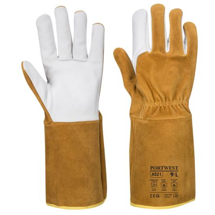 Portwest Hand Protection Brown Buffalo Leather, Cow Grain Leather, Elastane Welding Work Gloves, Size L [A521BRRL]; 361-442