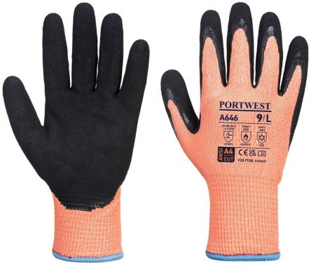 Portwest Hand Protection Black, Orange Acrylic, Elastic, Glass Fibre, HPPE, Polyester Cut Resistant Work Gloves, Size [A646O8RS]; 361-464