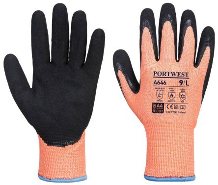 Portwest Hand Protection Black, Orange Acrylic, Elastic, Glass Fibre, HPPE, Polyester Cut Resistant Work Gloves, Size [A646O8RL]; 361-467