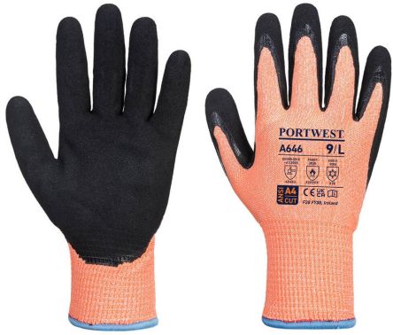 Portwest Hand Protection Black, Orange Acrylic, Elastic, Glass Fibre, HPPE, Polyester Cut Resistant Work Gloves, Size [A646O8RXXL]; 361-470